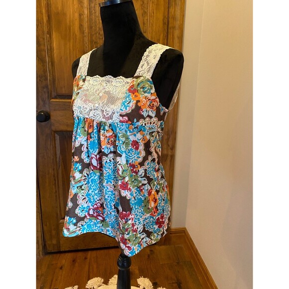 Self Esteem Blouse Womens Sleeveless Top  Lace  Straps Blue Orange Pattern - Picture 4 of 10